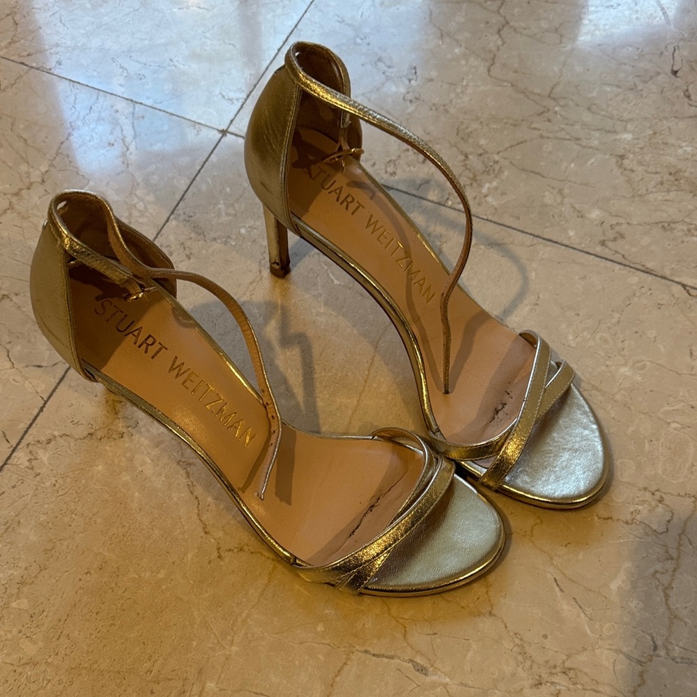 Stuart Weitzman Lynette Metallic Gold Strappy High-Heel Sandals- Size 8